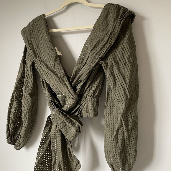 Maeve Anthropologie Crop Deep-V Blouse Waist Tie Green Women's Size 12 - Picture 8 of 13